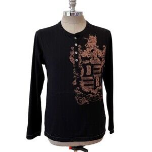 Banana Republic Black Henley T-Shirt Crest Medium Long Sleeves